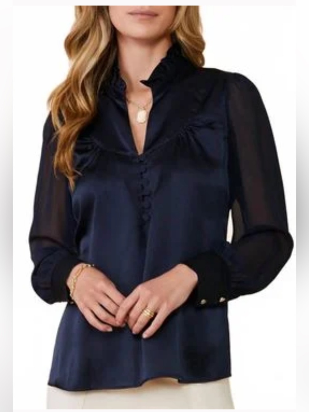 NWT Spartina 449 Navy Silk Ruffle-Neck Button Front Blouse Size XXL